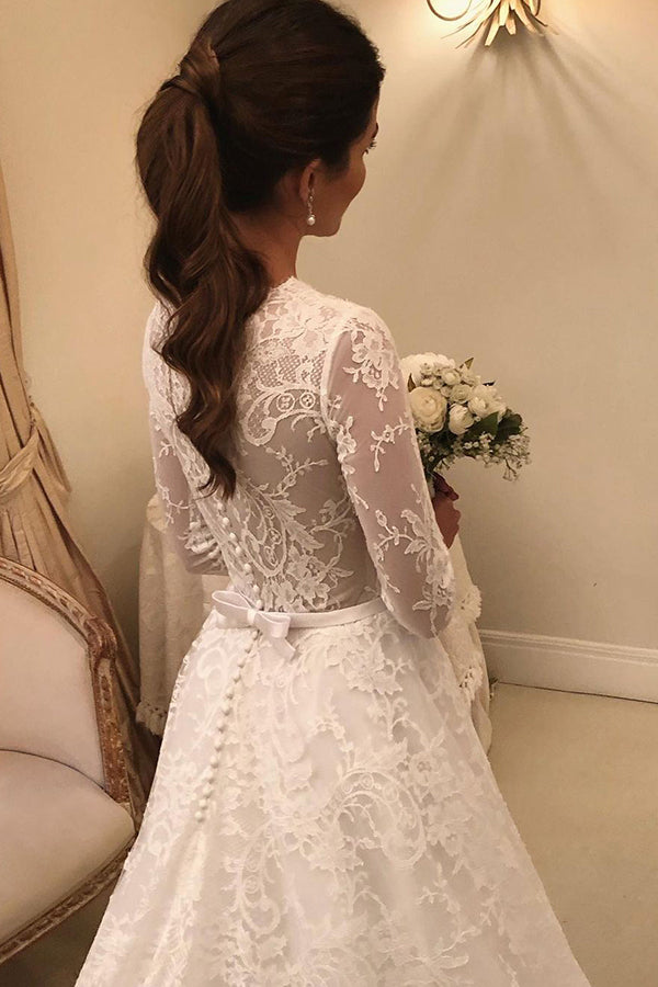 
                      
                        Modest A-line Wedding Dress Long Sleeves With Lace Appliques
                      
                    