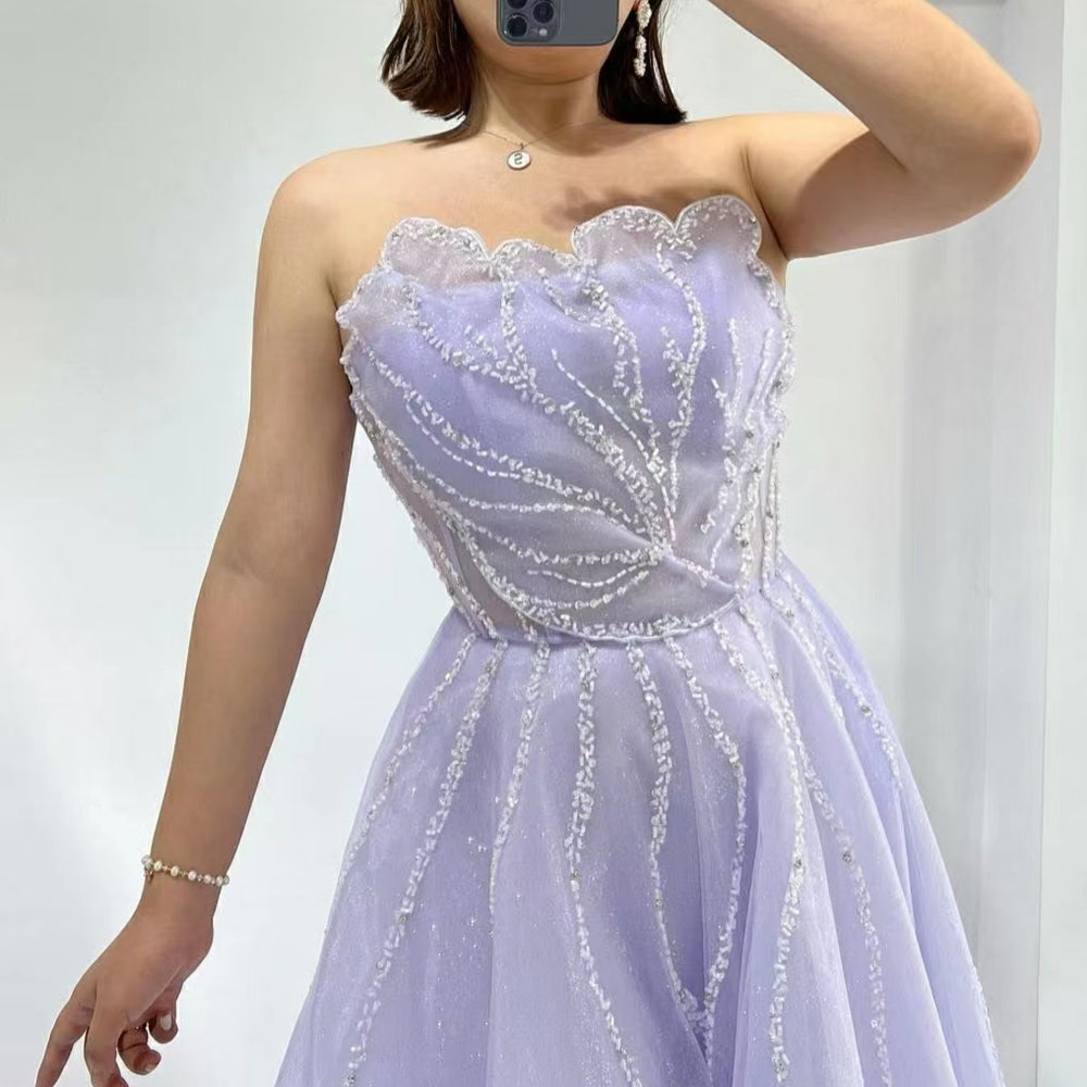 
                      
                        Lilac Strapless Sleeveless A-Line Tulle Prom Dress with Sequin Beads
                      
                    