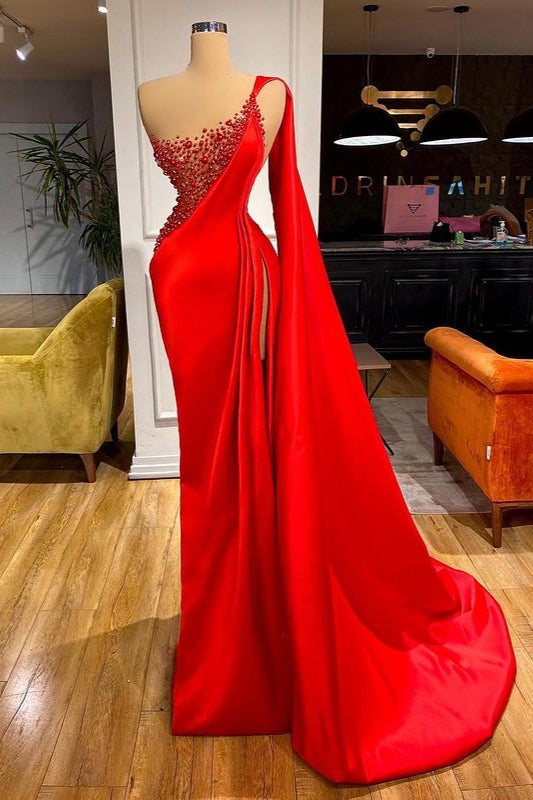 Red Ruffled Mermaid Prom Dress with Beading Split