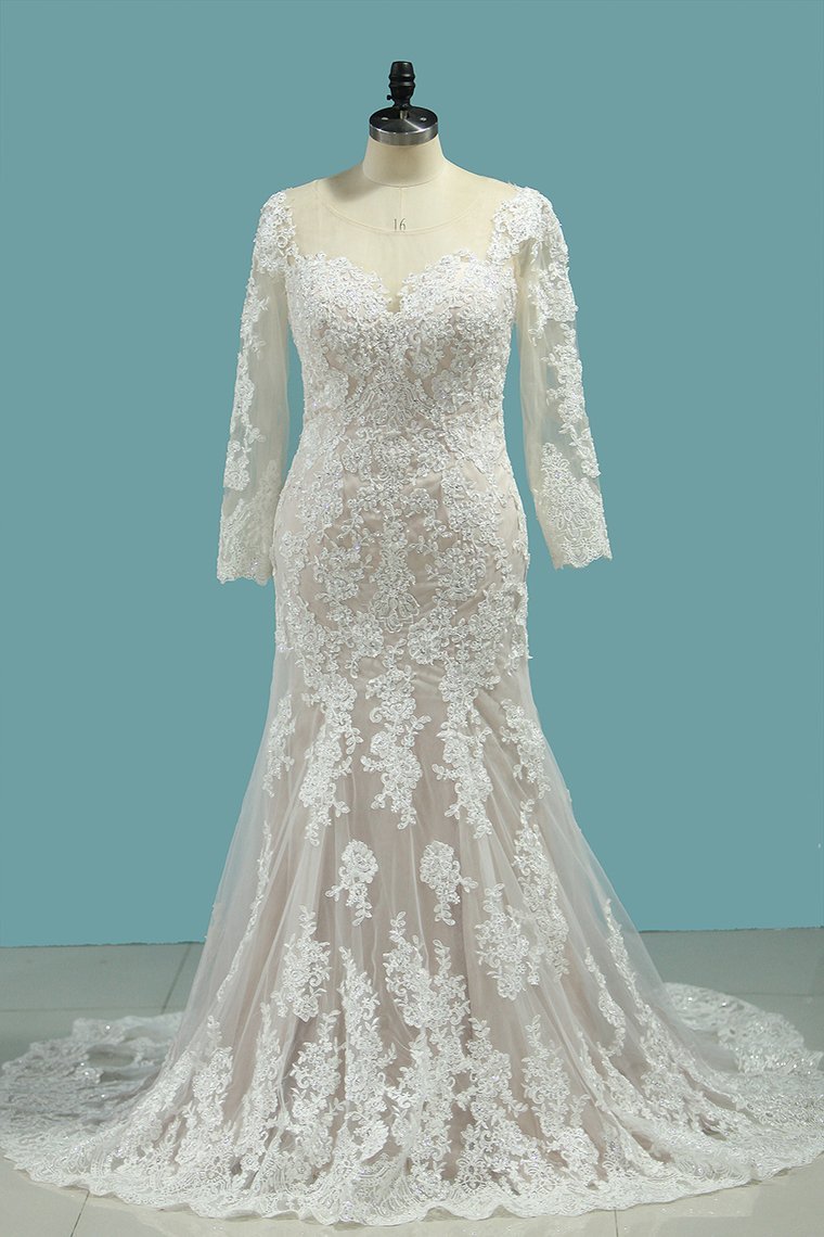 Long Sleeve Bateau Floor-Length Mermaid Wedding Dress with Lace Appliques