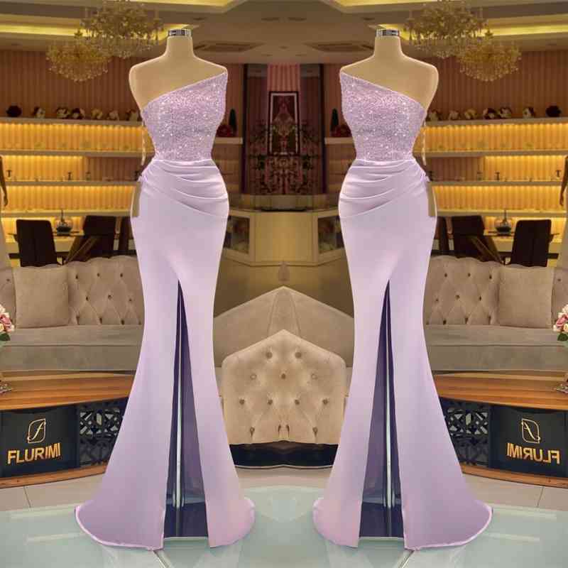 
                      
                        Light Purple Sleeveless Strapless Sequins Mermaid Prom Dress Long with Slit
                      
                    