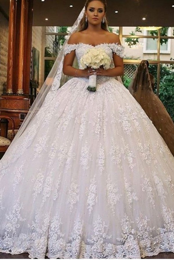 Luxury Long Off-the-Shoulder Ball Gown Wedding Dress with Lace and Train