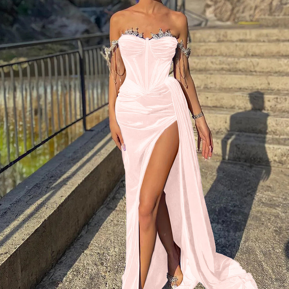 
                      
                        Velvet Off-the-Shoulder Beads Split Mermaid Prom Dress with Ruffles
                      
                    