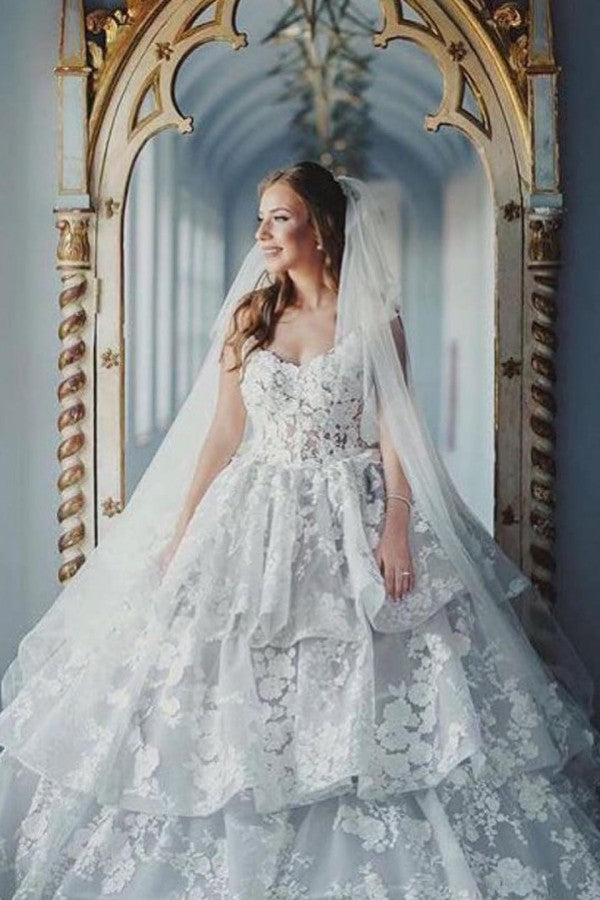 Modest Long Ball Gown Sweetheart Wedding Dress with Tulle Lace