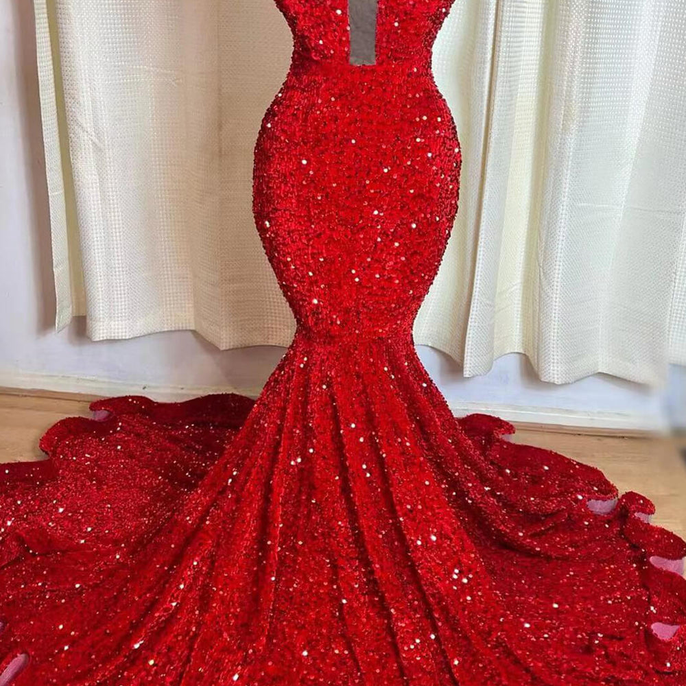 Red Sequins Sleeveless Mermaid Prom Dress with Sweetheart Elegant