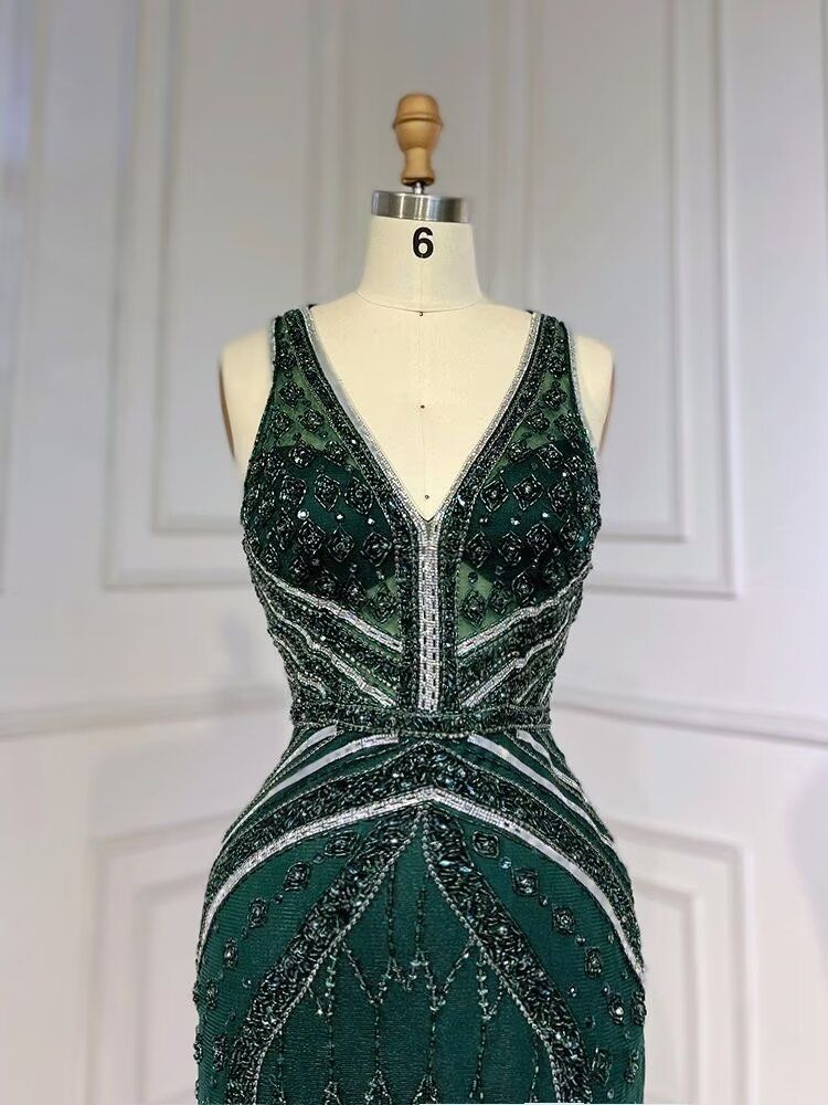 
                      
                        Green Sequin Prom Dress, Beaded V-Neck Long with Feather
                      
                    