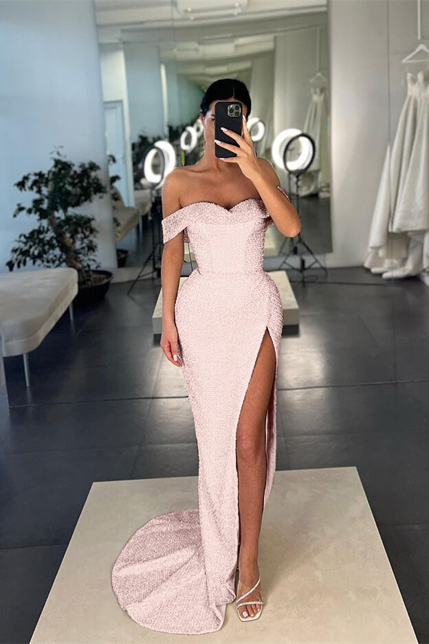 
                      
                        White Off-the-Shoulder Sequins Mermaid Prom Dress with Split
                      
                    