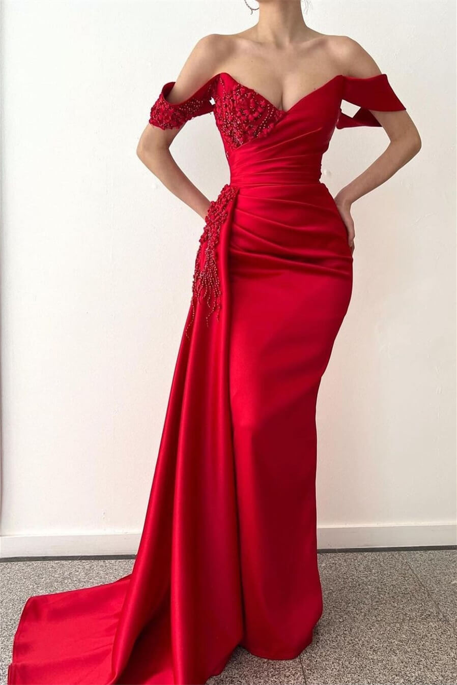 Red Mermaid Prom Dress with Beadings, V-Neck, Off-the-Shoulder, Long with Ruffles