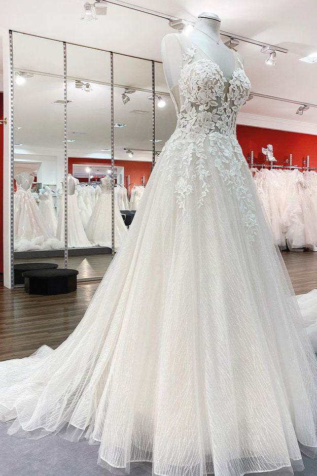 
                      
                        Sweetheart Long A-Line Wedding Dress with Tulle Ruffles, Open Back, and Lace Appliques
                      
                    