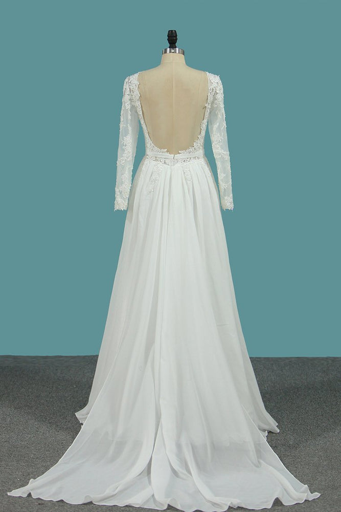 
                      
                        Long Sleeve Bateau A-Line Chiffon Floor-Length Wedding Dress with Ruffles
                      
                    