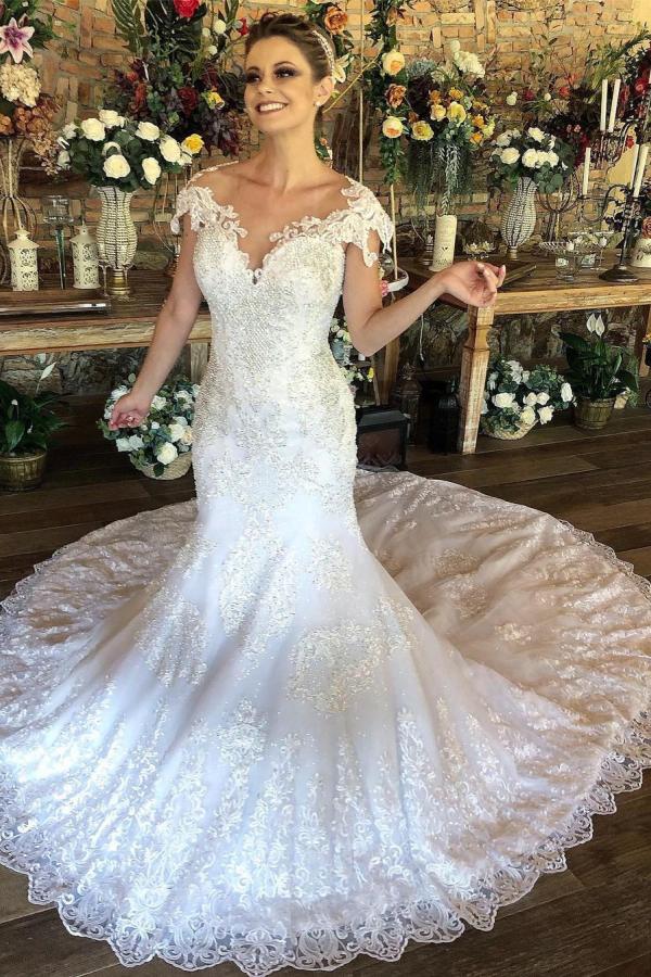 Charming Long Sweetheart Mermaid Wedding Dress with Cap Sleeves and Lace