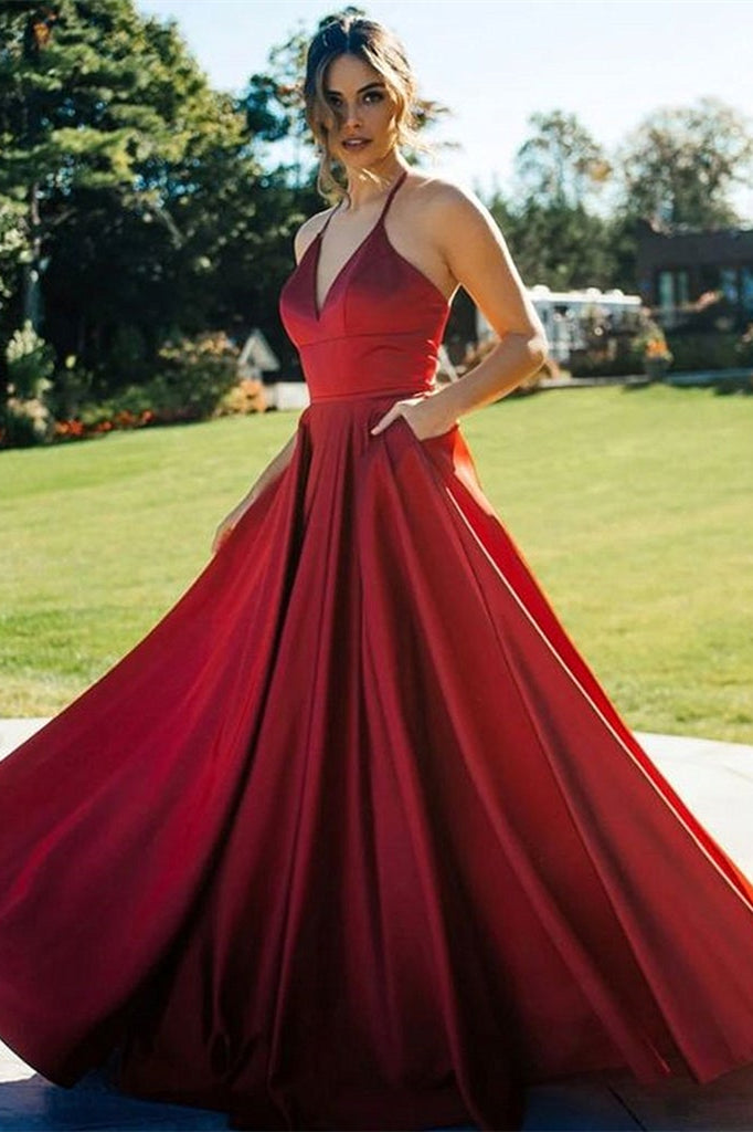 Red V-Neck Evening Dress with Pockets