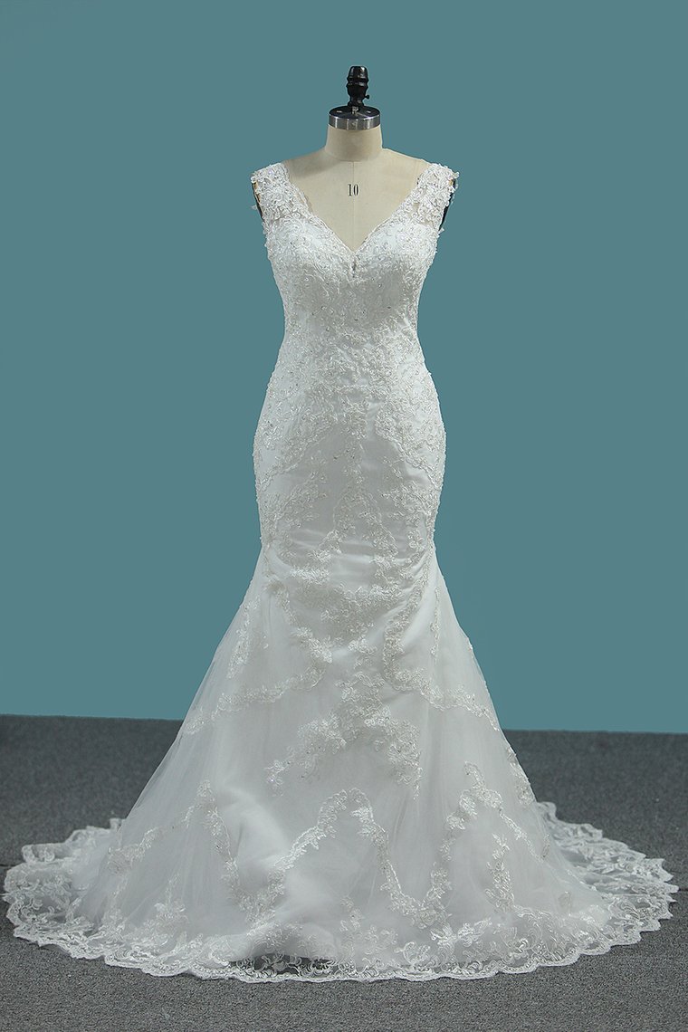 Wide Straps V-neck Mermaid Wedding Dress Floor-length With Appliques Lace