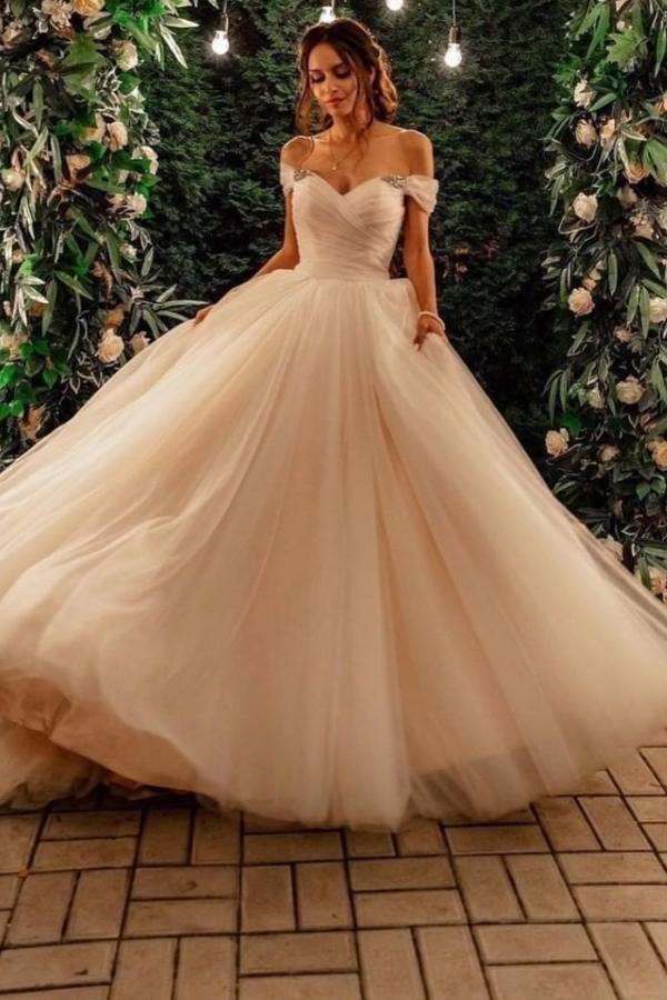 Tulle Off-the-Shoulder A-Line Long Wedding Dress with Chapel Train