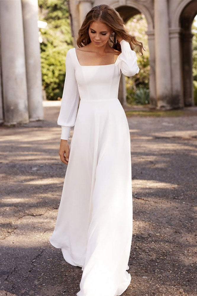 Square Neck Long Sleeve A-Line Wedding Dress