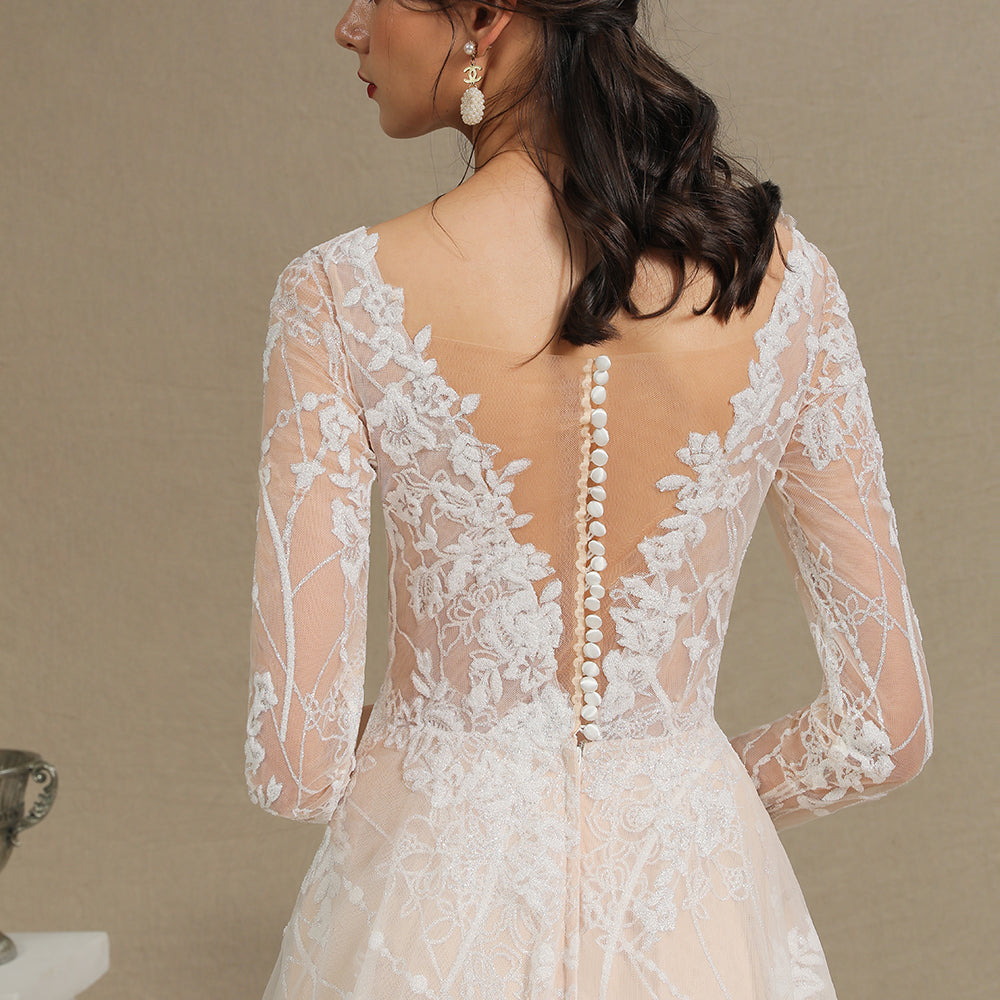 
                      
                        Sheer Long Sleeve A-Line Illusion Tulle Wedding Dress with Lace
                      
                    