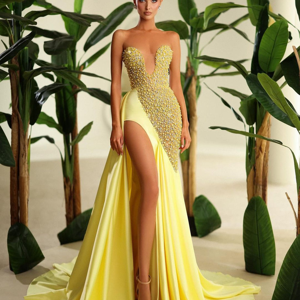 Glamorous Bright Yellow Sweetheart Prom Dress with High Slit and Beads