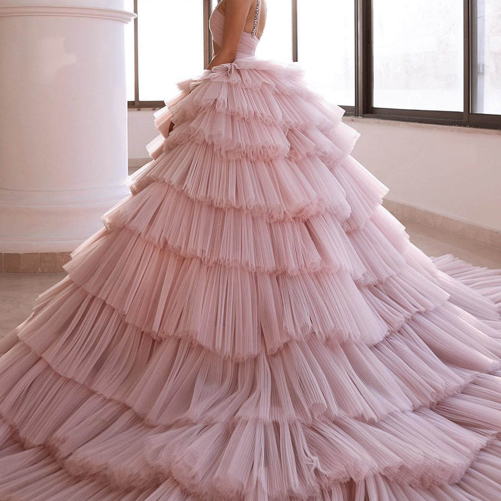 
                      
                        643. Luxurious Pink Deep V-Neck Sleeveless Prom Dress with Tulle Layered and Crystal
                      
                    