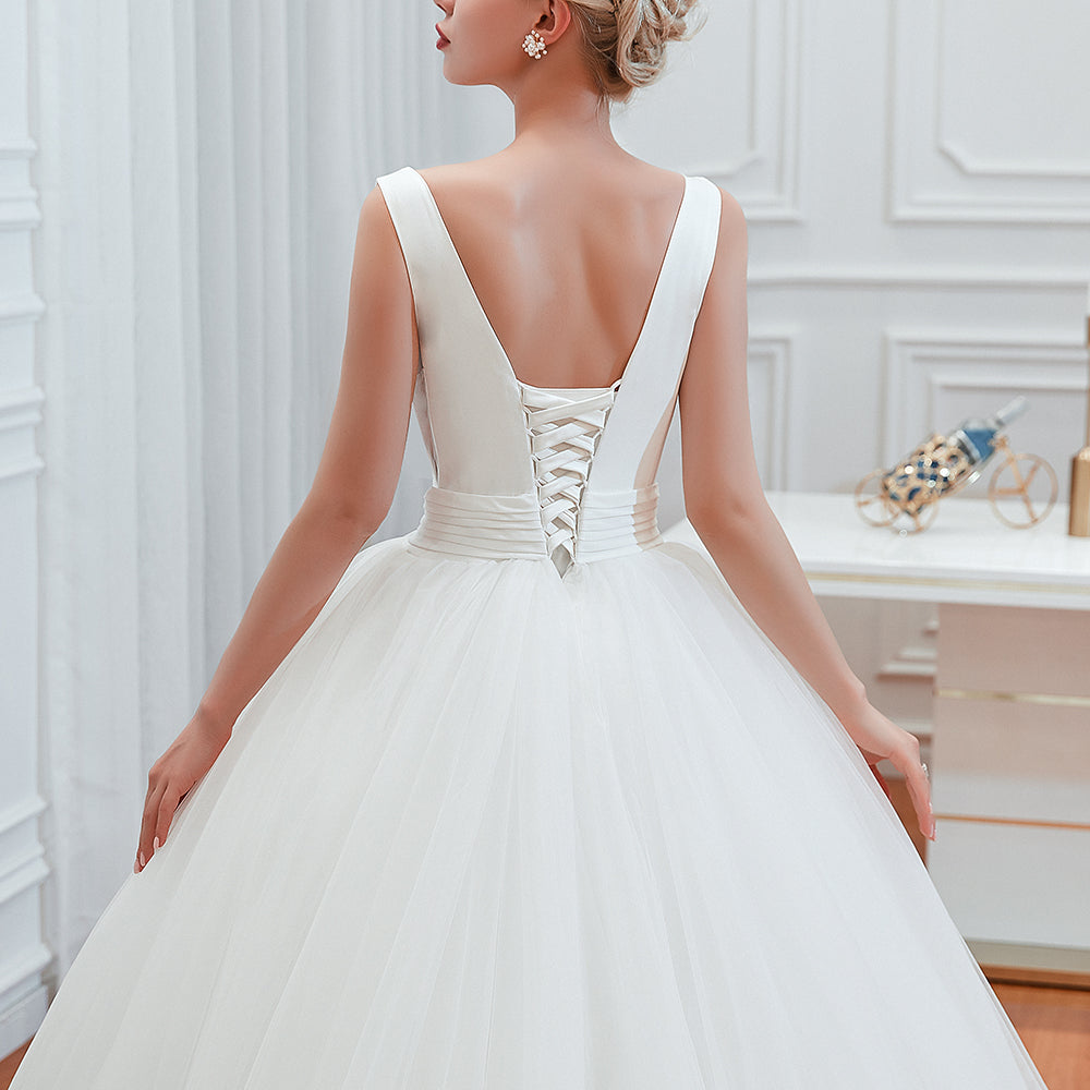 
                      
                        Wide Strap Deep V-Neck Floor-Length A-Line Wedding Dress with Tulle
                      
                    