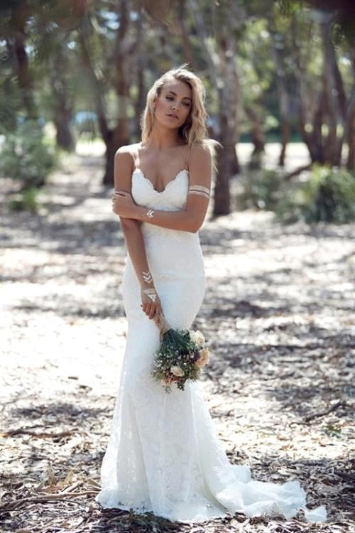 Elegant Spaghetti Strap V-Neck Open Back Mermaid Wedding Dress with Floral Lace