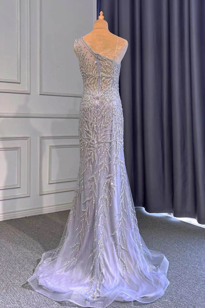 
                      
                        Light Purple Front Split One-Shoulder Beaded Mermaid Prom Dress with Long Ruffles
                      
                    