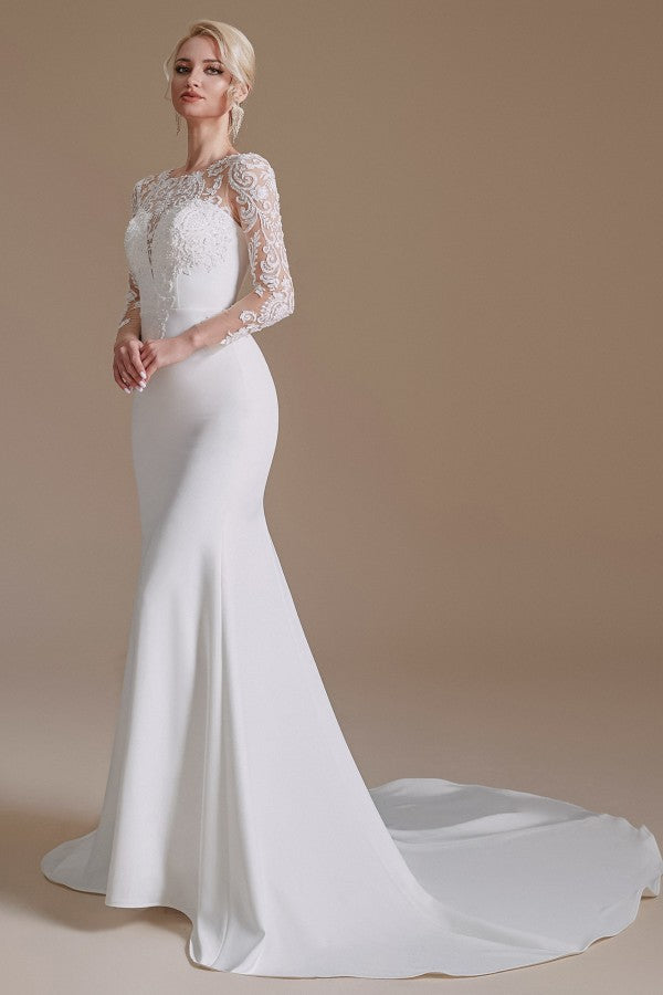 
                      
                        Jewel Neck Satin Lace Long Sleeve Mermaid Wedding Dress
                      
                    