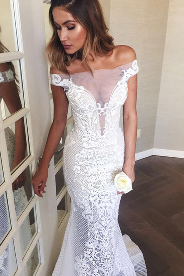 Off-the-Shoulder Sweep Train Mermaid Wedding Dress with Appliques