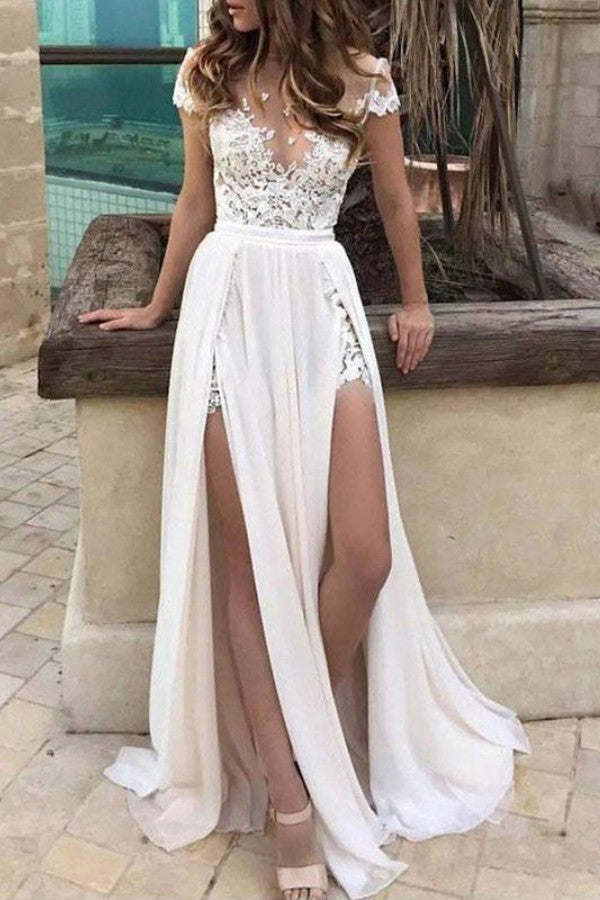 Short Sleeve Lace Wedding Dress with Slit