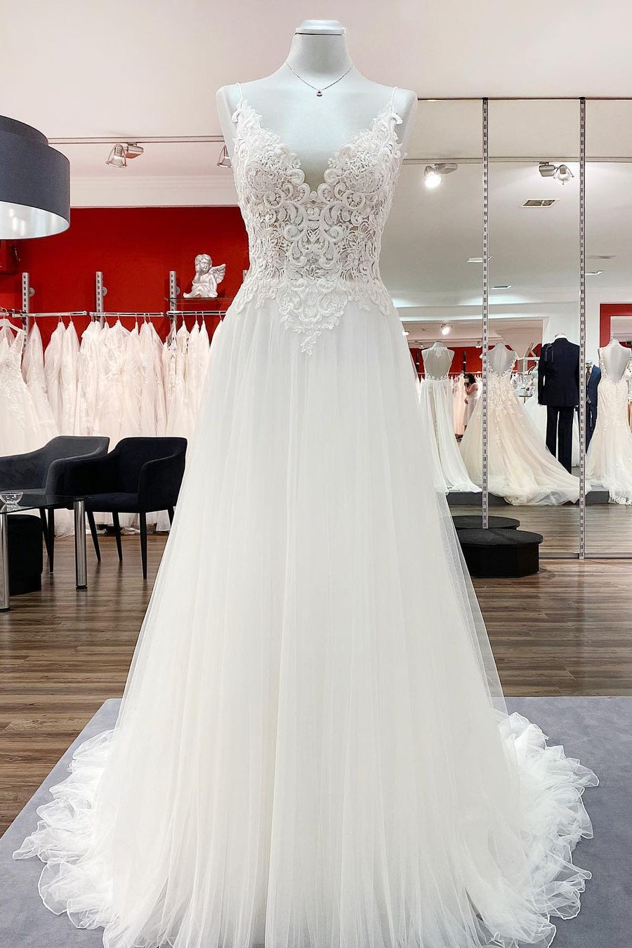 V-Neck Sleeveless Long A-Line Tulle Wedding Dress with Lace Ruffles