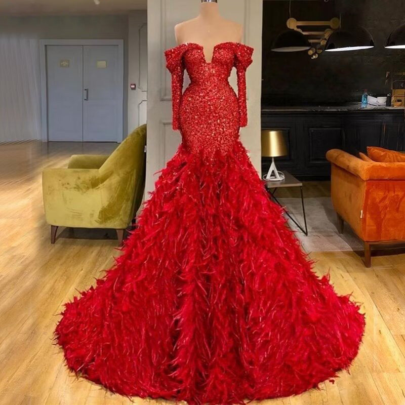 
                      
                        Fashion Red Sequin Prom Dress, Long Sleeves A-Line with Feather
                      
                    