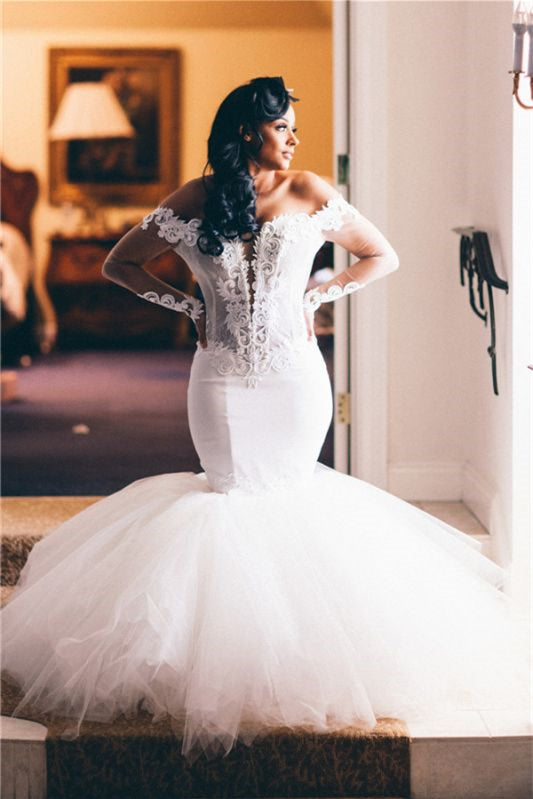 
                      
                        Chic Off-the-Shoulder Long Sleeve Tulle Mermaid Wedding Dress with Appliques
                      
                    