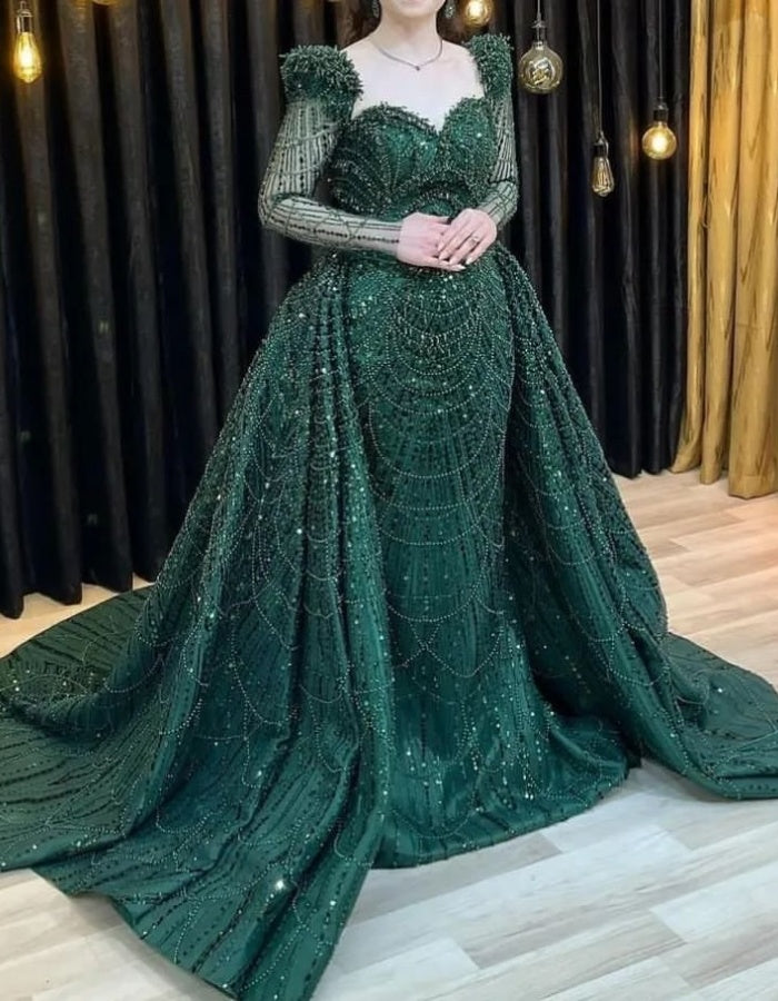 Elegant Green Applique Prom Dress, Long Sleeve Mermaid