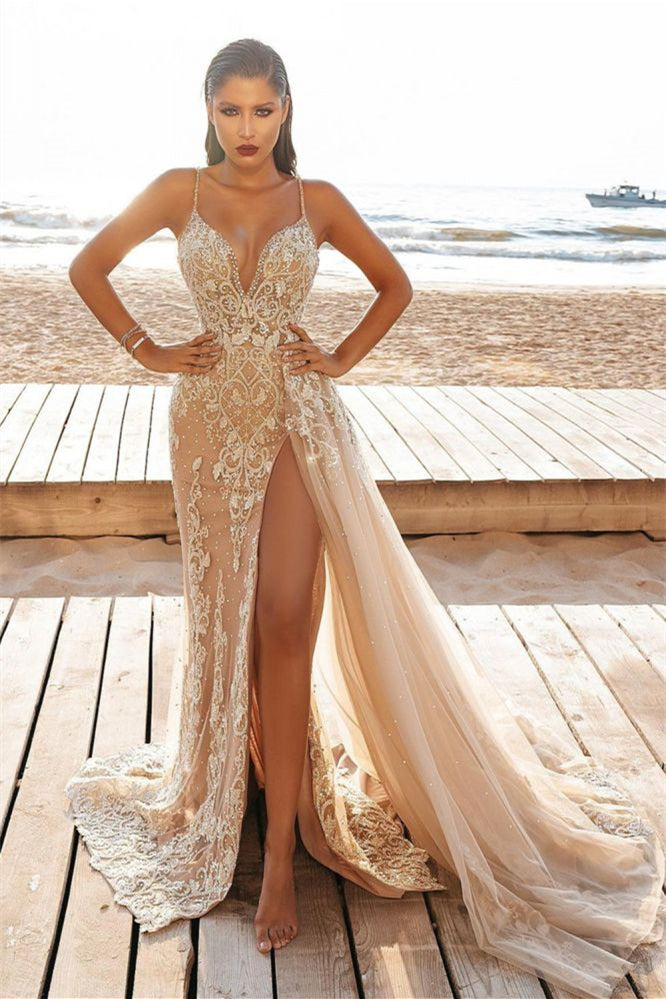 Nude Spaghetti Strap Mermaid Wedding Dress with Beaded Split