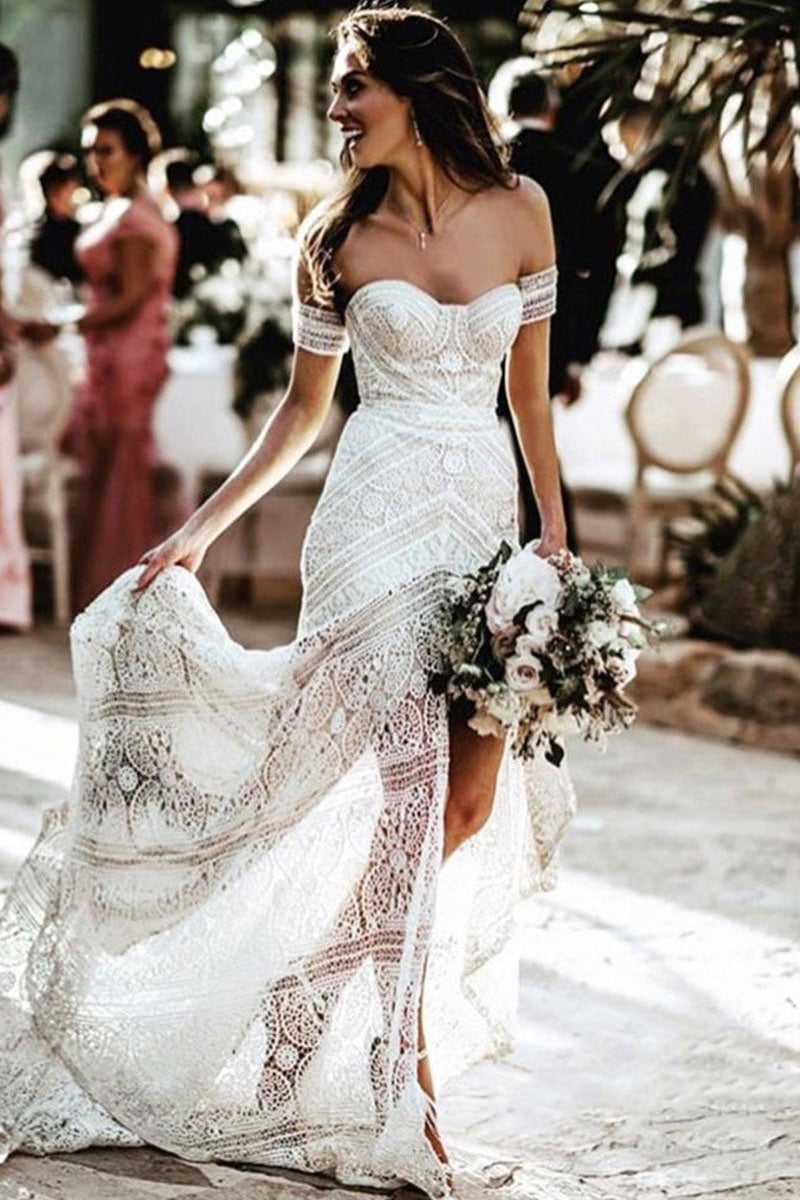 Off-the-Shoulder Boho Lace Mermaid Wedding Dress