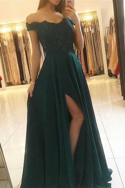 Off-the-Shoulder Dark Green Long Prom Dress with Split