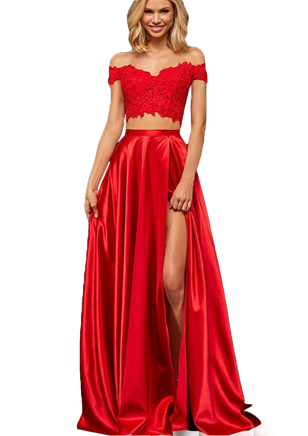 Off-the-Shoulder Two Pieces Prom Dress with Appliques and Slit