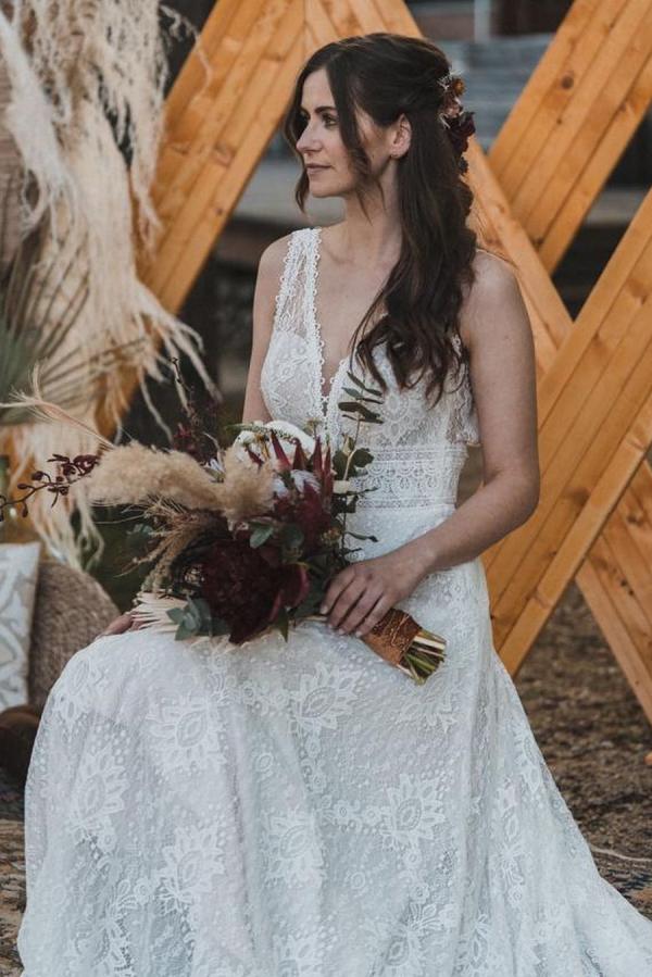 Simple Long A-Line Backless Wedding Dress with V-Neck Lace