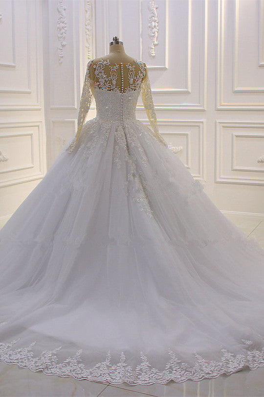 
                      
                        Bateau Long Sleeve Lace A-Line Wedding Dress with Pearls and Tulle Appliques
                      
                    