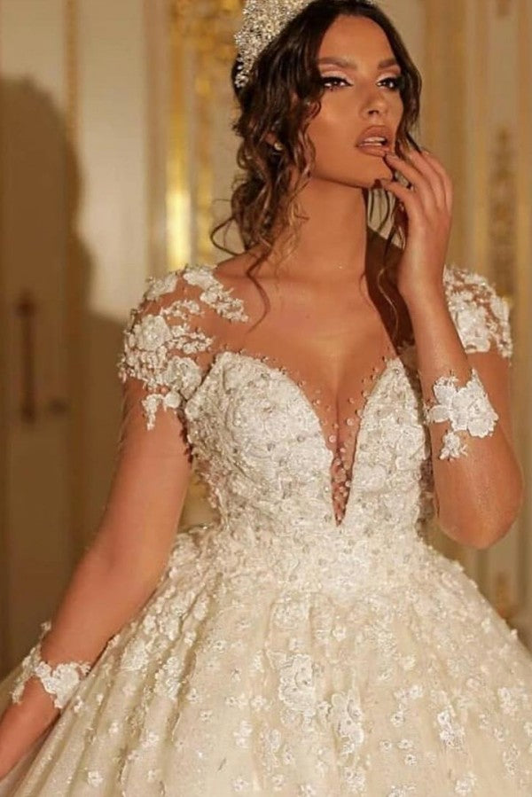 Sweetheart Long Sleeve Floor-Length Wedding Dress with Lace Tulle Appliques