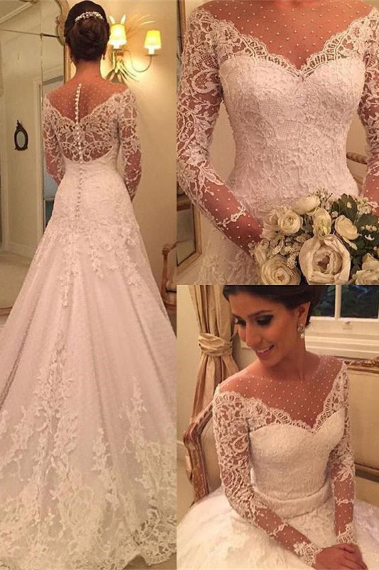 Glamorous Long Sleeve Princess Wedding Dress with Lace Appliques and Pearls