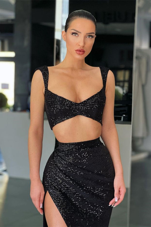 
                      
                        Black Two-Piece Mermaid Straps Prom Dress with Sequins and Split
                      
                    