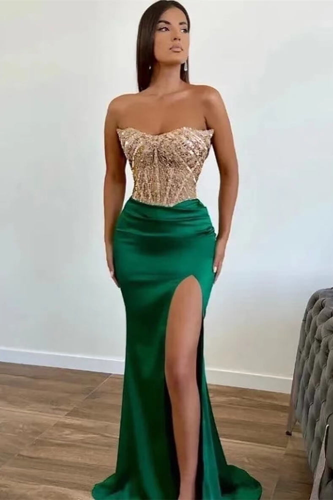 
                      
                        Strapless Green Mermaid Prom Dress with Beadings and Split Applique
                      
                    