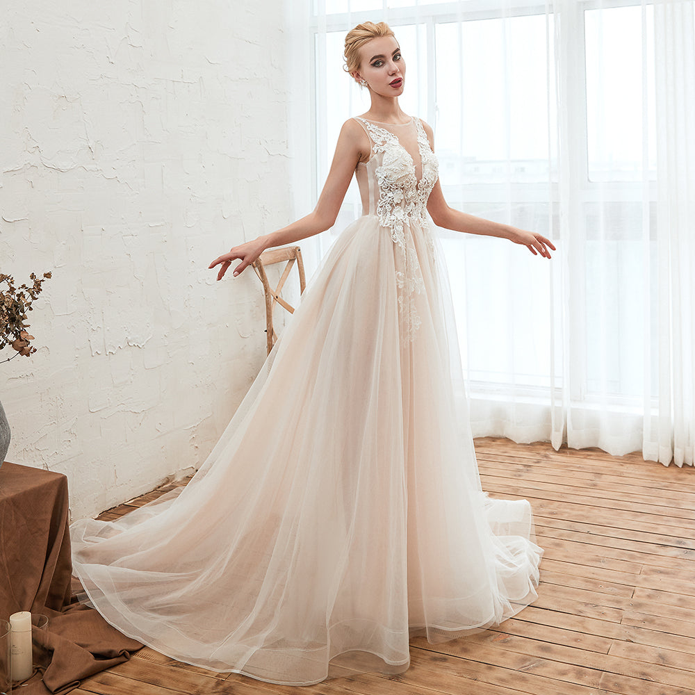 
                      
                        Delicate A-Line Bateau Tulle Open Back Wedding Dress with Floral Lace
                      
                    