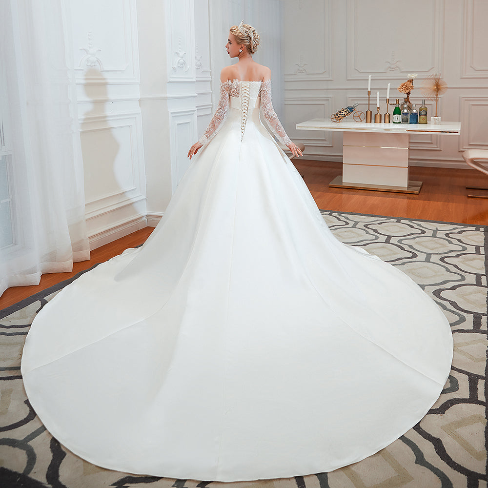 
                      
                        Stunning Off-the-Shoulder Long Sleeve A-Line Satin Wedding Dress with Lace
                      
                    