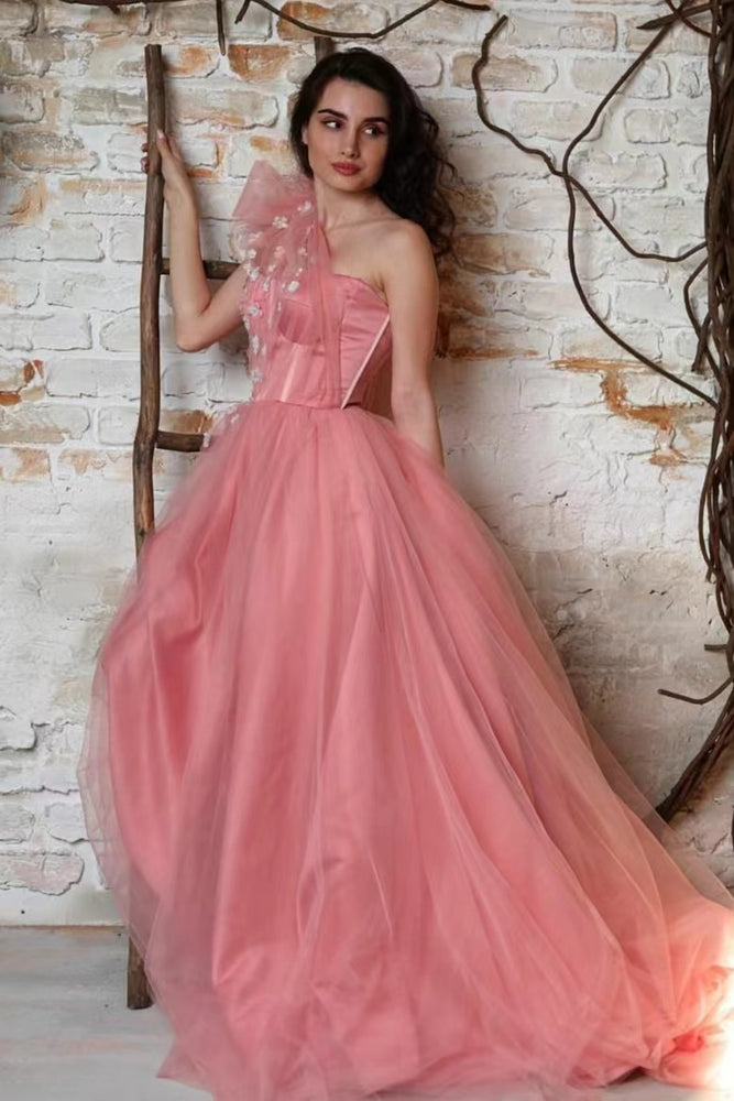 Gorgeous One-Shoulder Sleeveless Tulle Prom Dress with Appliqu¨¦s