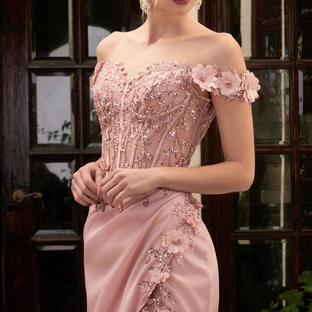 
                      
                        Pink Off-The-Shoulder Mermaid Prom Dress with Applique Split Beadings
                      
                    