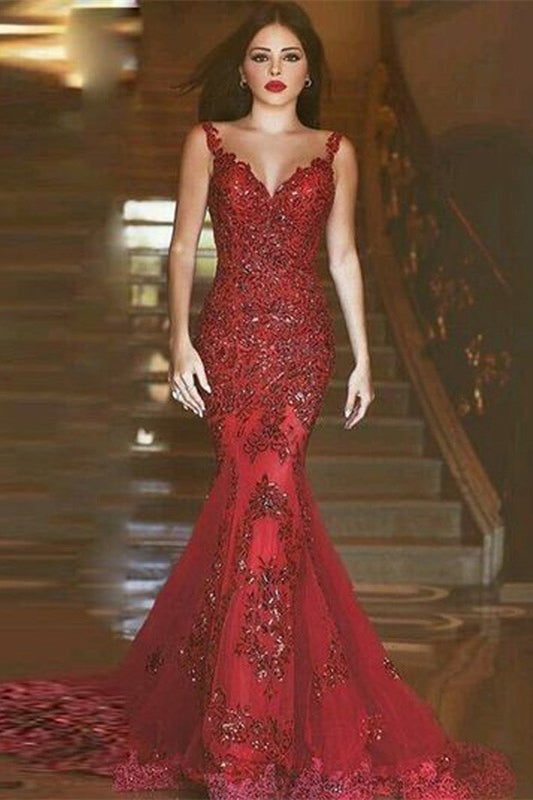 Burgundy Mermaid Evening Dress with Lace Appliques