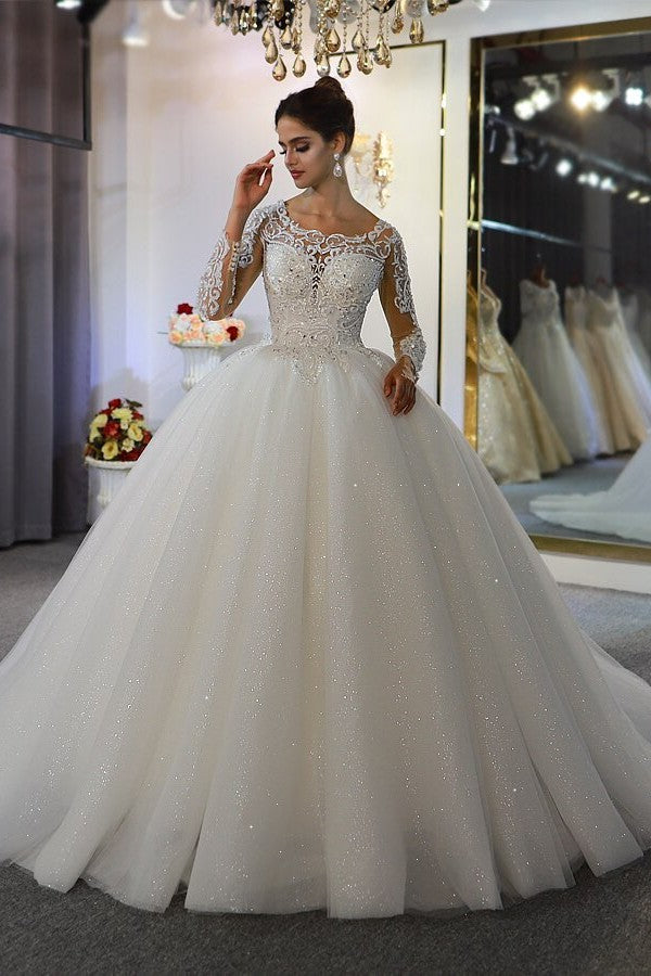 Gorgeous A-Line Bateau Long Sleeve Floor-Length Wedding Dress with Lace and Sequin Appliques