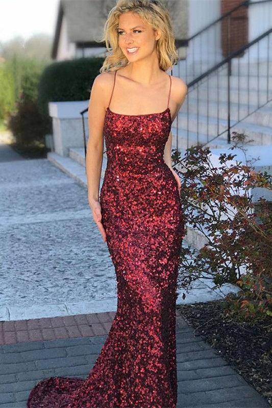 Burgundy Sequins Mermaid Prom Dress