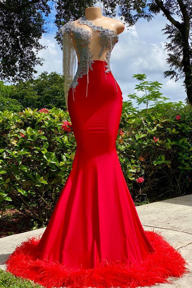 Classic Red One Shoulder Strapless Mermaid Prom Dress with Feather